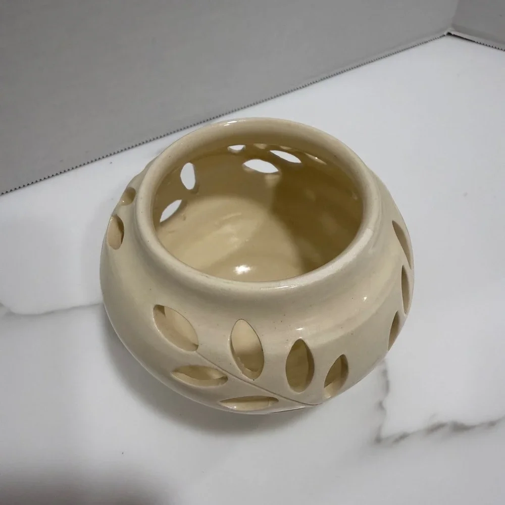 Vintage Handmade Ceramic Pottery Candle Luminary Cutout Pierced Leaves Signed
